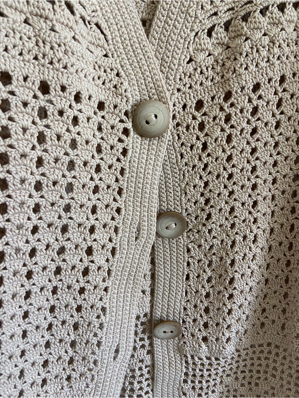 Beige Crochet Button-Front Women's Sweater Cardigan Oversized Large 100% Cotton - Picture 3 of 5